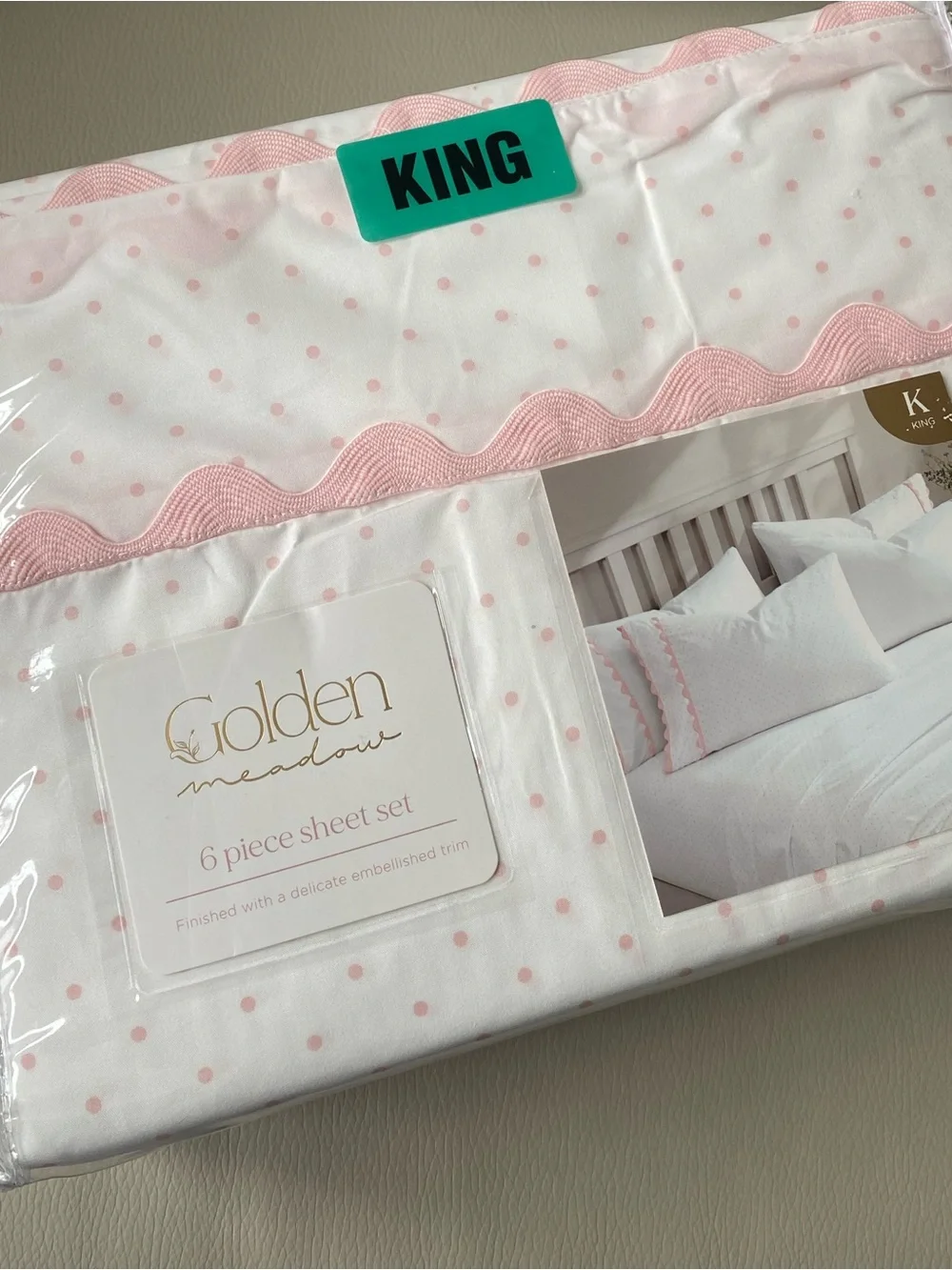 White and pink polka dot sheet set - KING